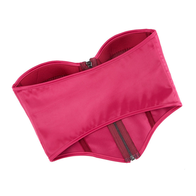 Rose Red Zipper Women Tube Top Chest Support with Steel Ring Push up Body Shaping Top Supply