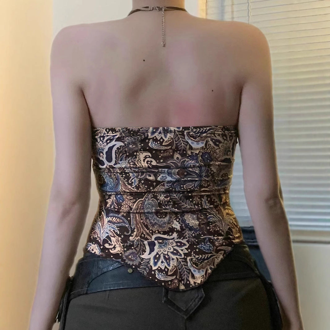 Ethnic Re Work Printing Irregular Asymmetric Wrapped Chest Distressed Metal Buckle Pleated Waist Tight Short Vest