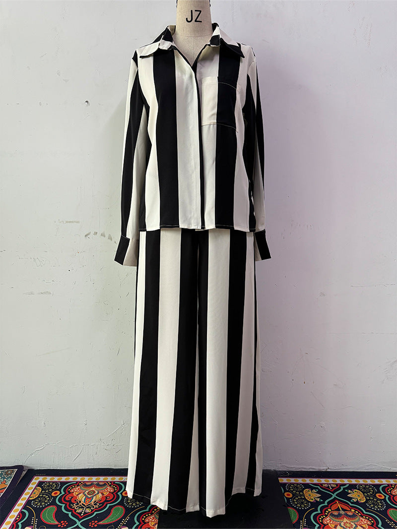 Autumn Casual Black White Striped Button Pocket Design Shirt Wide Leg Pants Two Piece Sets