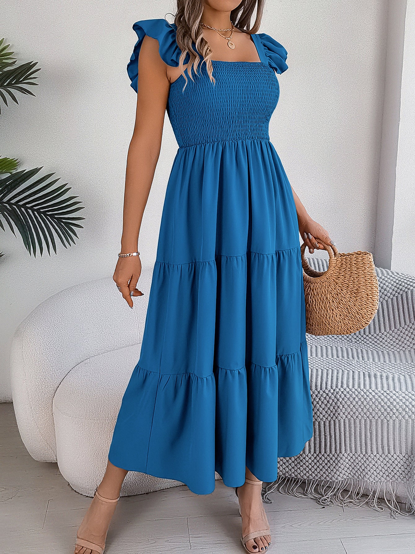 Summer Solid Color Square Collar Wooden Ear Waist A line Dress Women Clothing