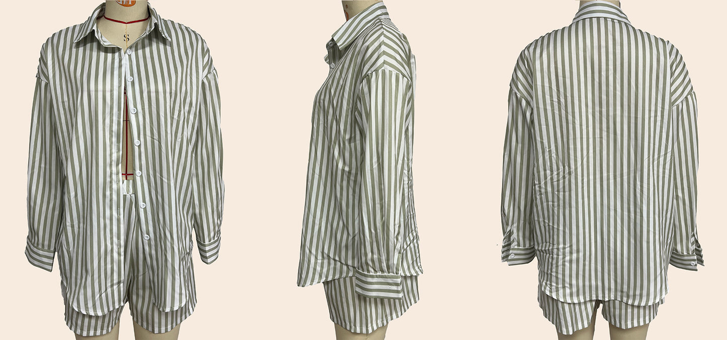 Spring Summer Women Clothing Casual Polo Collar Striped Color Matching Thin Set