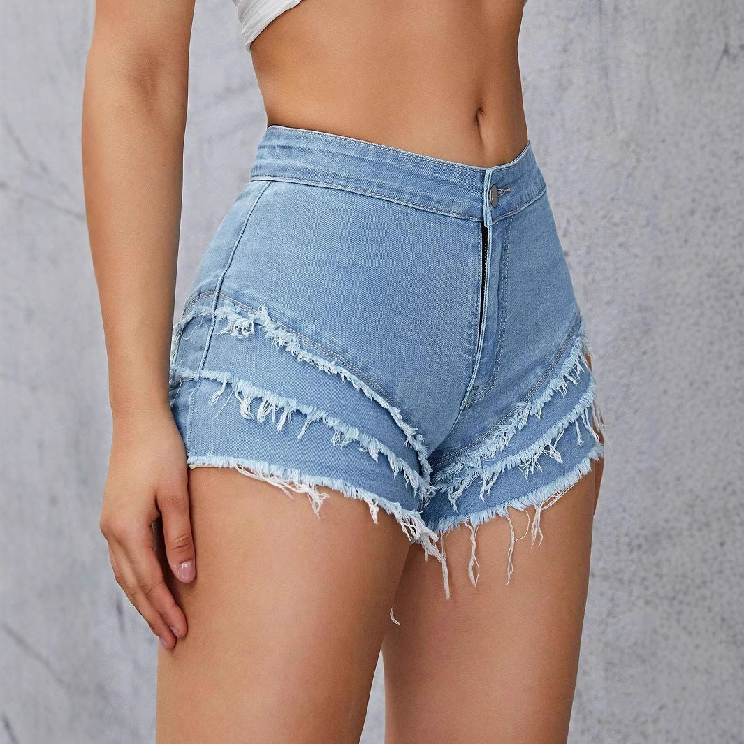 Summer Women Jeans Multi Layer Frayed Stretch Denim Shorts
