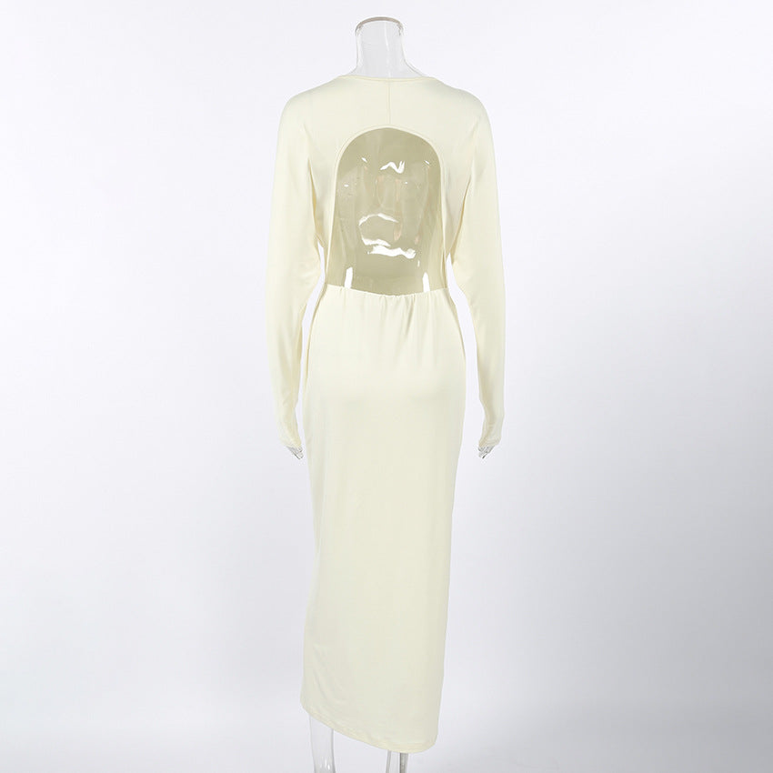 Design Backless Hollow Out Cutout out Dress Autumn Crew Neck Long Sleeve Gentle Simple Hip Dress