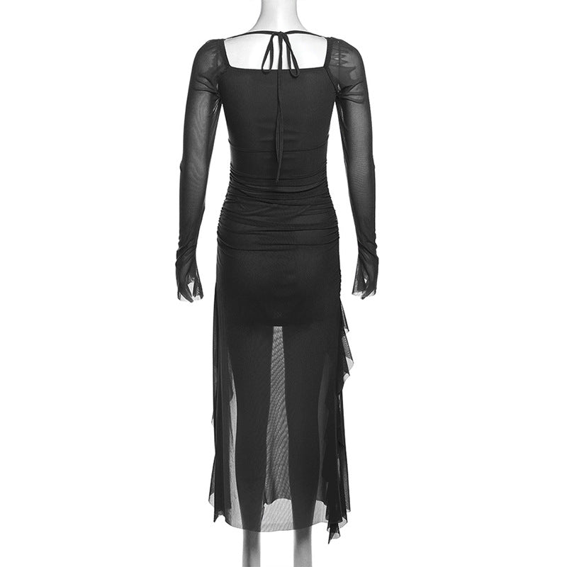 Autumn Winter Women Mesh Ruffled Niche Design Long Sleeve Square Collar Dress