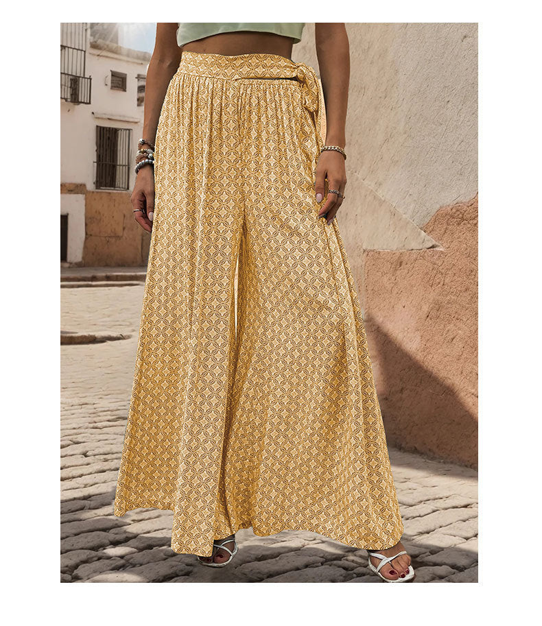 Summer Loose Wide Leg Pants Women Clothing Tied High Waist Casual Printed Trousers