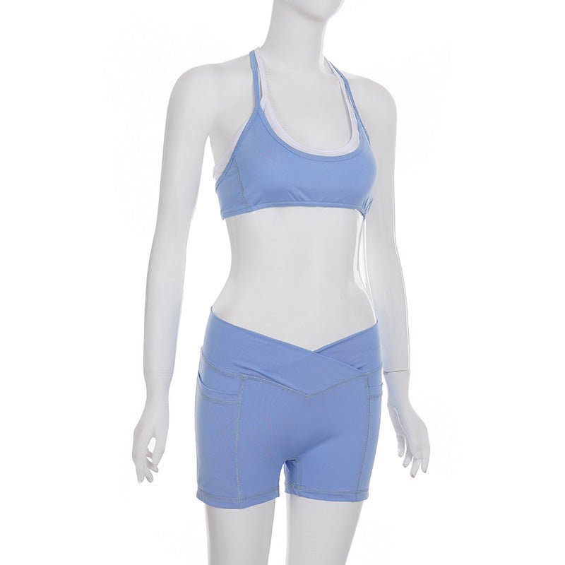 Faux Two Pieces Contrast Color Suspender Shorts Casual Sports Set Yoga Fitness Two Piece Set for Women
