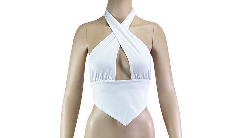 Summer off the Shoulder Solid Color Black Criss Cross Base Slim Fit Backless Halter Hollow Out Cutout Camisole Bow Sexy Tube Top