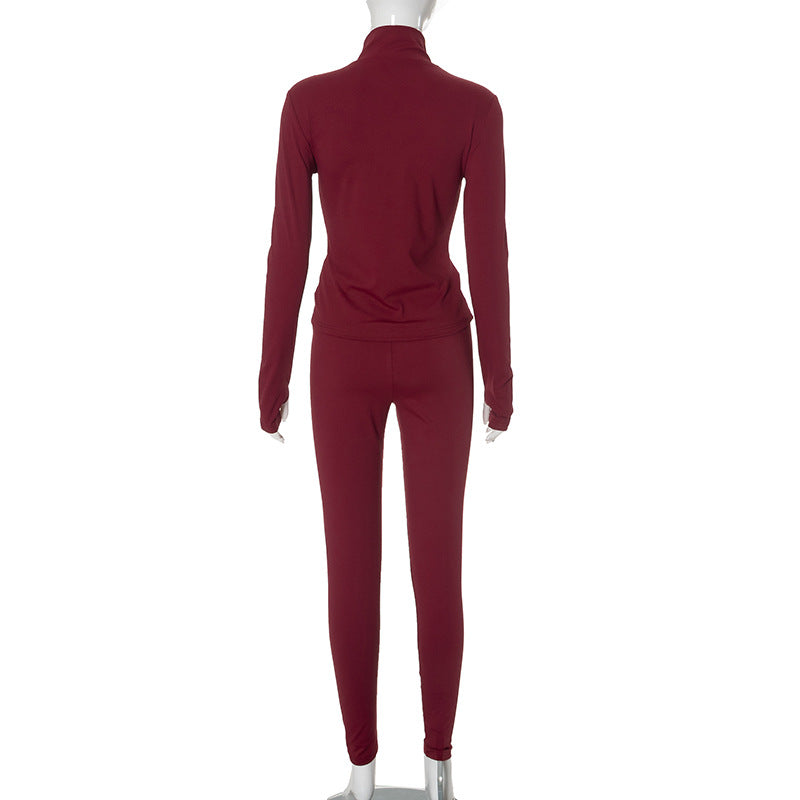 Solid Color Stand Collar Cardigan Tight Trousers Casual Yoga Clothes Sets