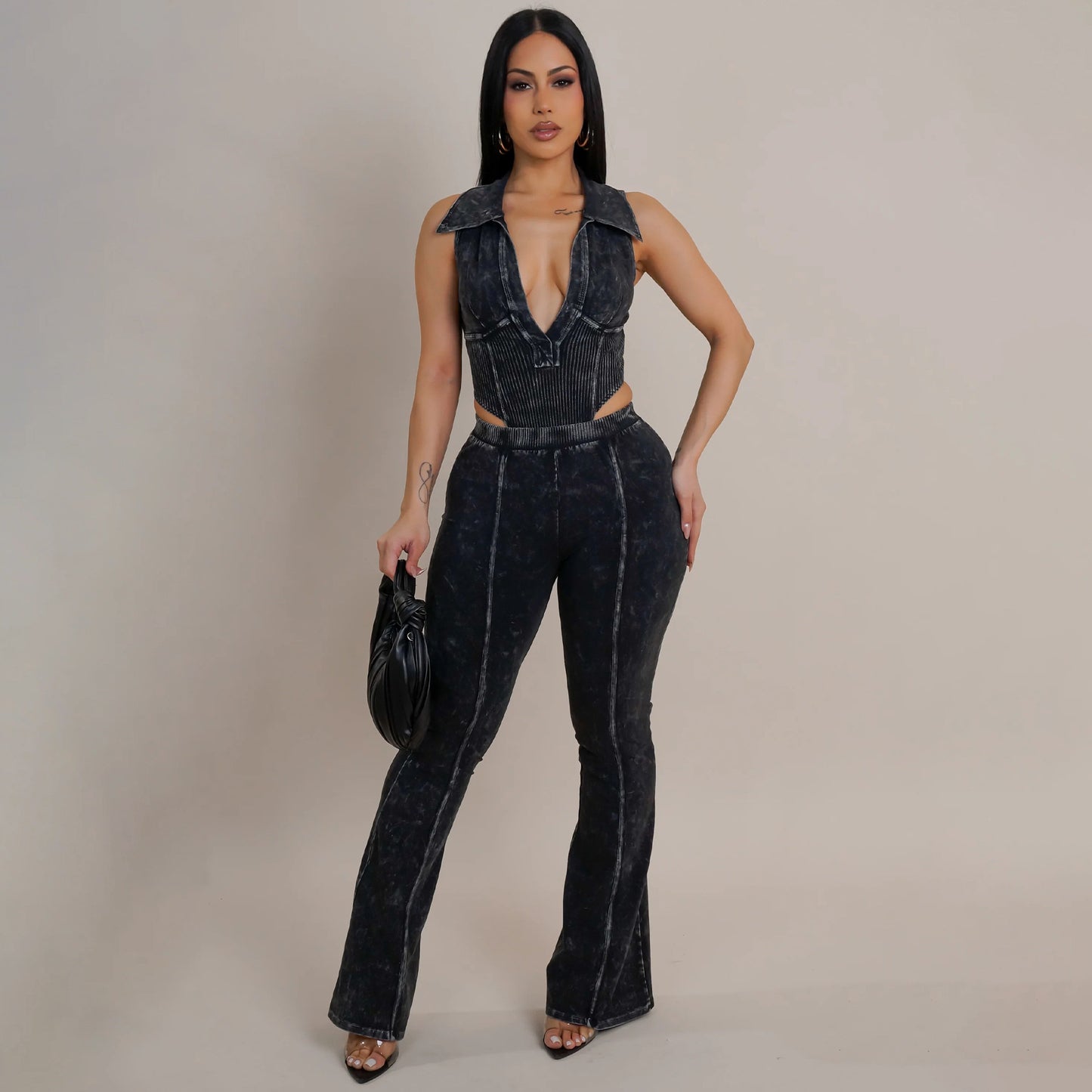 Women Wear Sexy Slim Washed Distressed Line Stitching Two Piece Sets