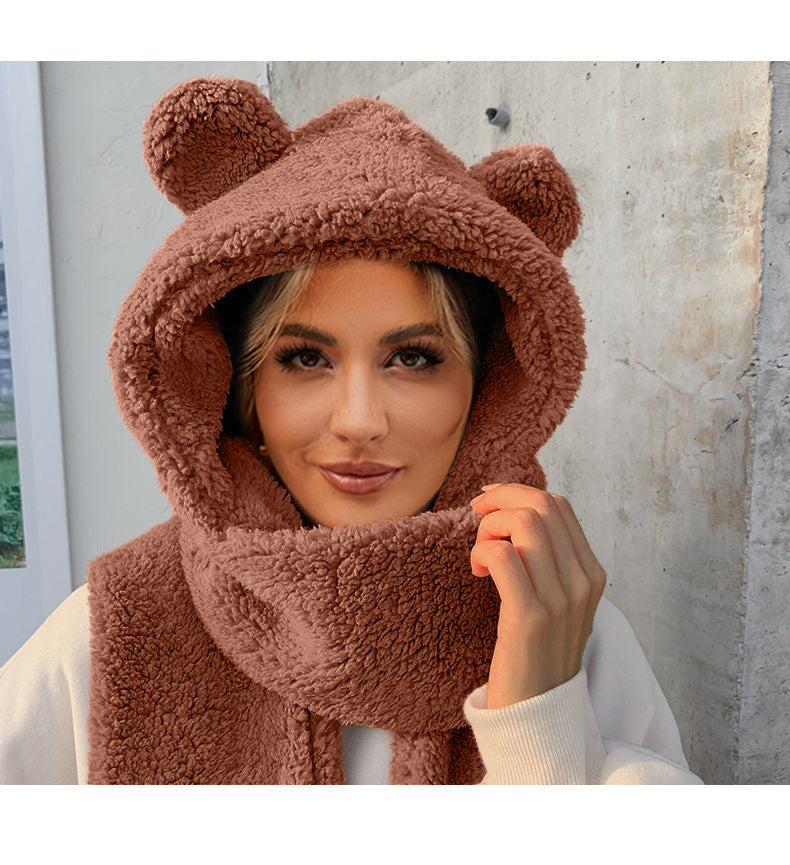 Scarf Hat Integrated Plush Belt Ear Hat Scarf Autumn Winter Warm