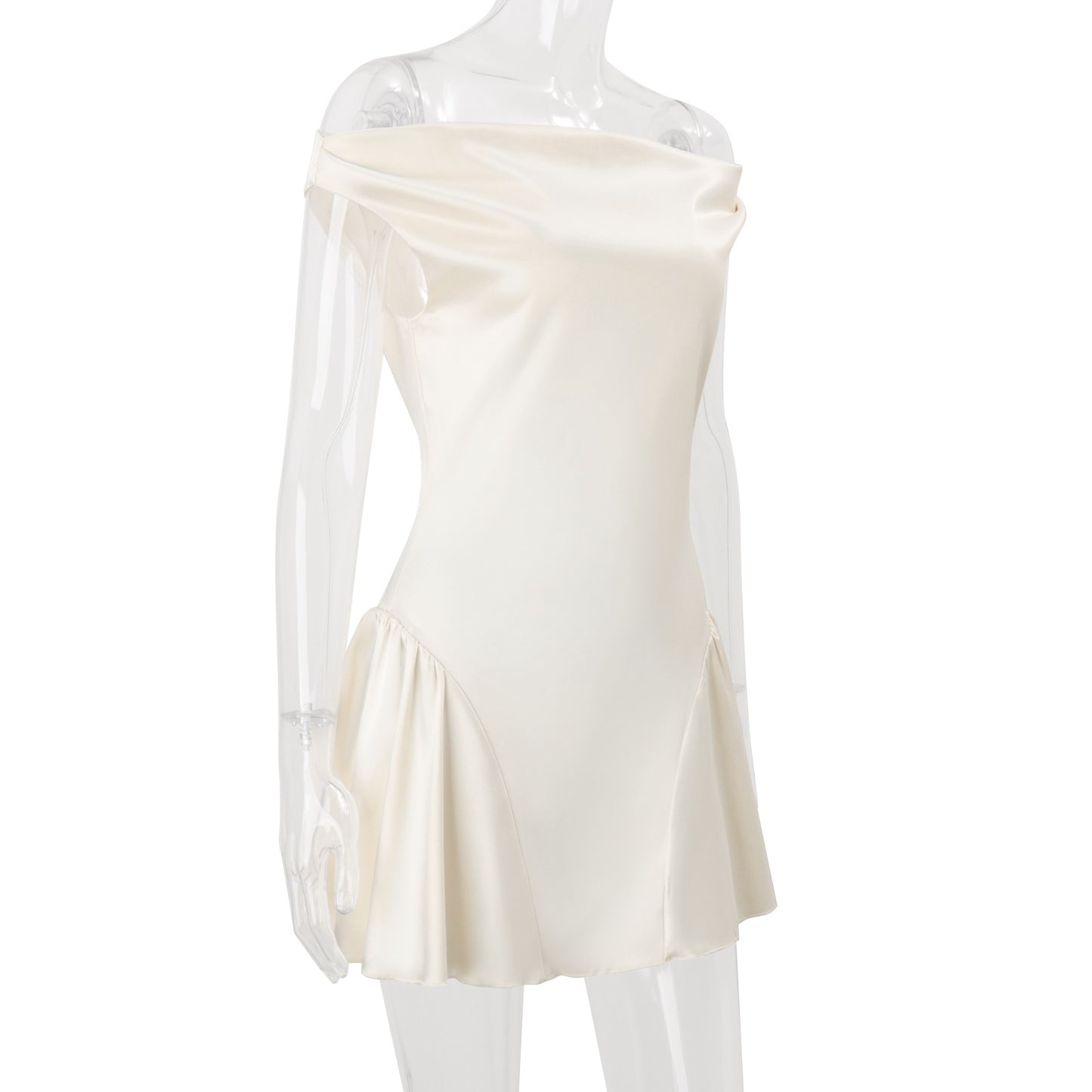 Women Clothing Autumn French Sexy Pure Sweet Waist Controlled Satin Dress