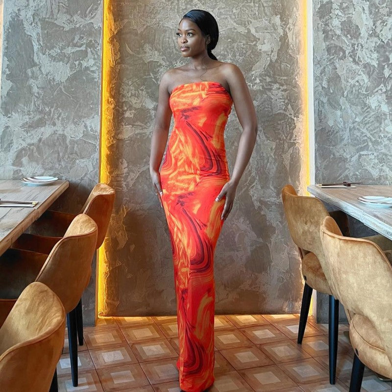 Summer Sleeveless Tube Top Printed Slim Fit Long Sheath Dress