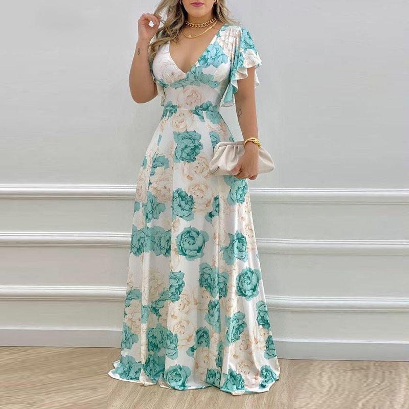 Arrival Women Clothing Summer Office V neck Waist Trimming Printing Large Swing Dress
