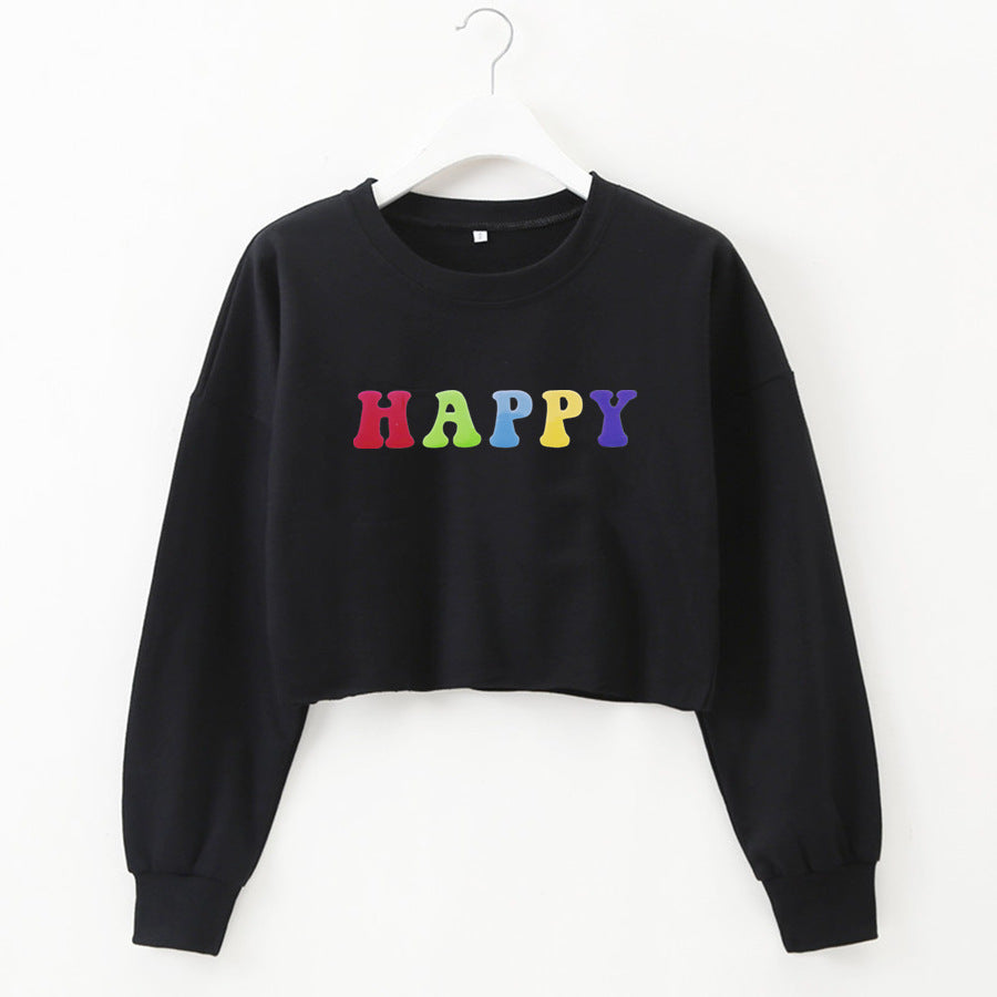 Women Clothing Autumn Winter Internet Celebrity Happy Letter Graphic Printed round Neck Loose Short Long Sleeve Sweatshirt