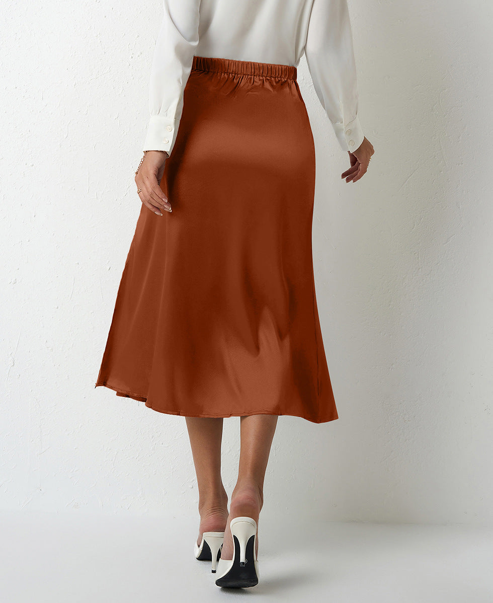 Women Clothing Popular Satin Skirt Women Summer Mid Length Split Professional A line Skirt High Waist Skirt