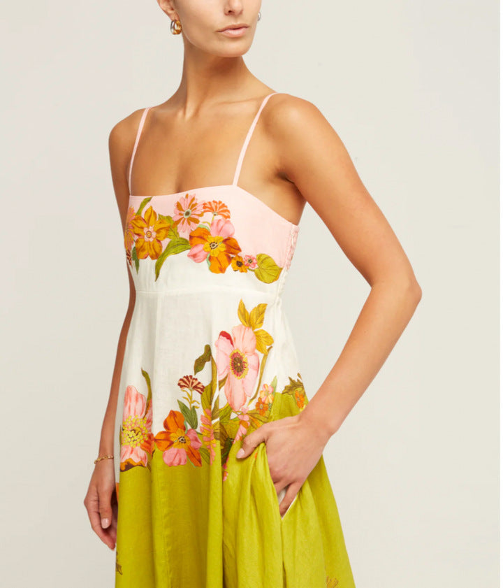 Sexy Sling Cotton Linen Printing Positioning Large Swing Dress Women