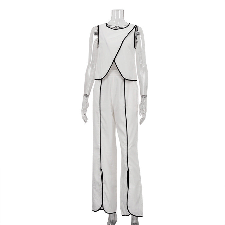 Contrast Color Vest Women Cross Design round Neck Sleeveless Top Split Trousers Two Piece Set