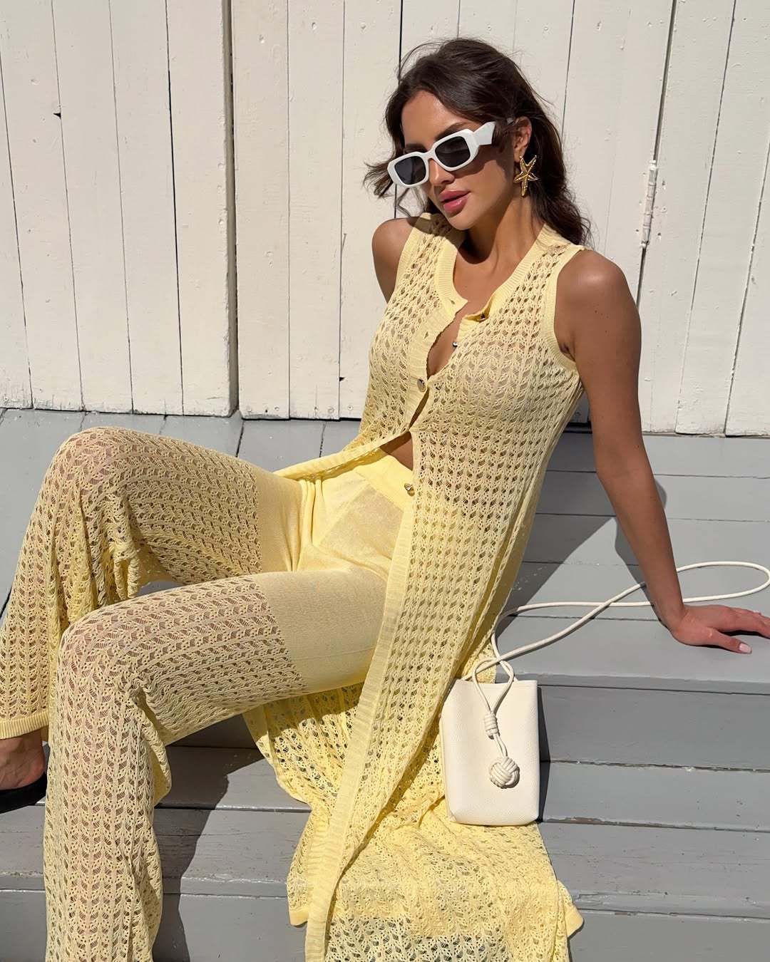 Blouse Hollow Out Cutout out Vest Cardigan Beach Outerwar Knitted Dress Sexy See through Trousers Two Piece Sets