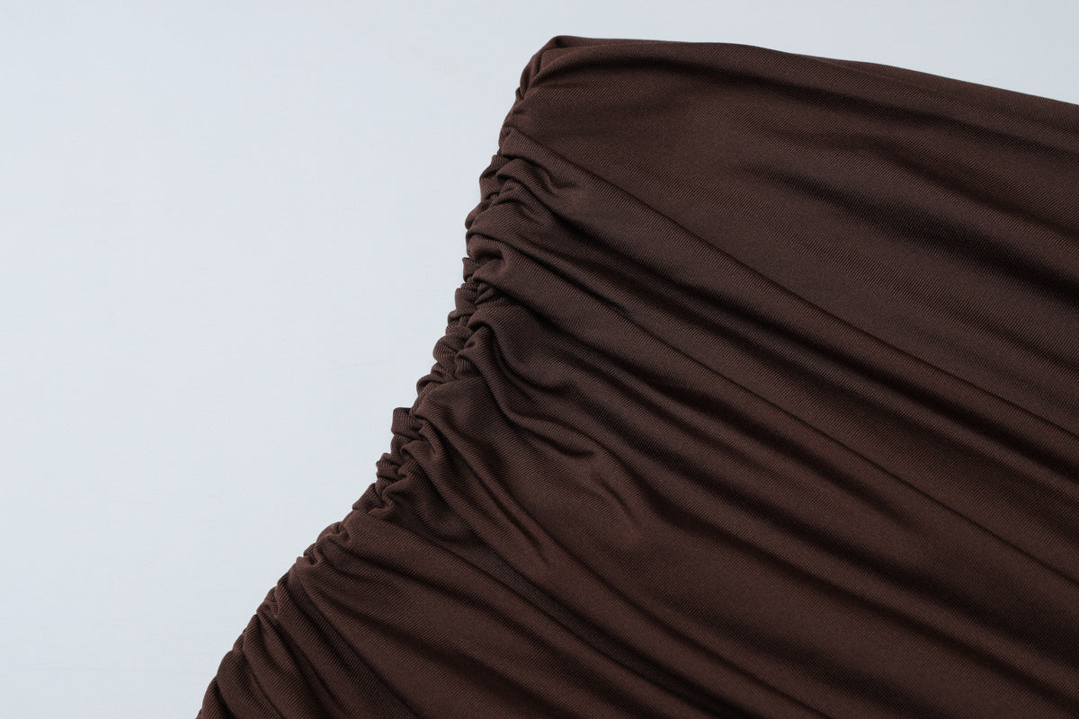 Women Clothing Autumn Fashionable Irregular Asymmetric off Shoulder Single Sleeve Pleated Maxi Dress