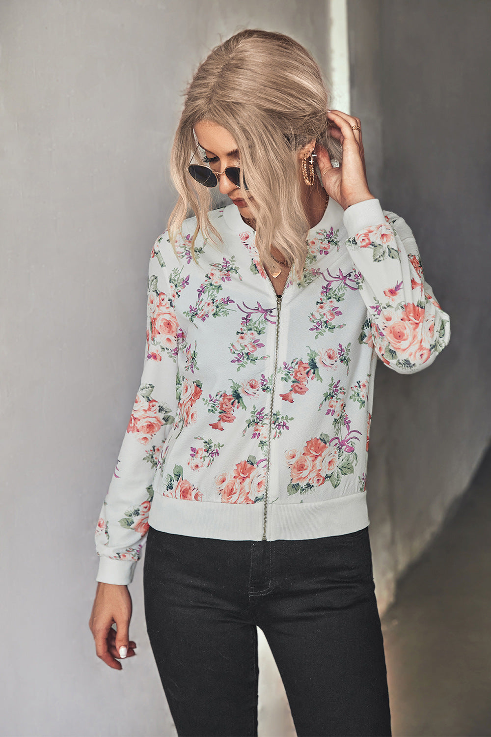 Autumn Winter Women Clothing Printing Thread Collar Zip Long Sleeve Coat
