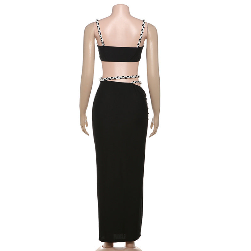 Spring Summer Women Clothing Cool Contrast Color Camisole Sexy Slim Side Slit Skirt Set