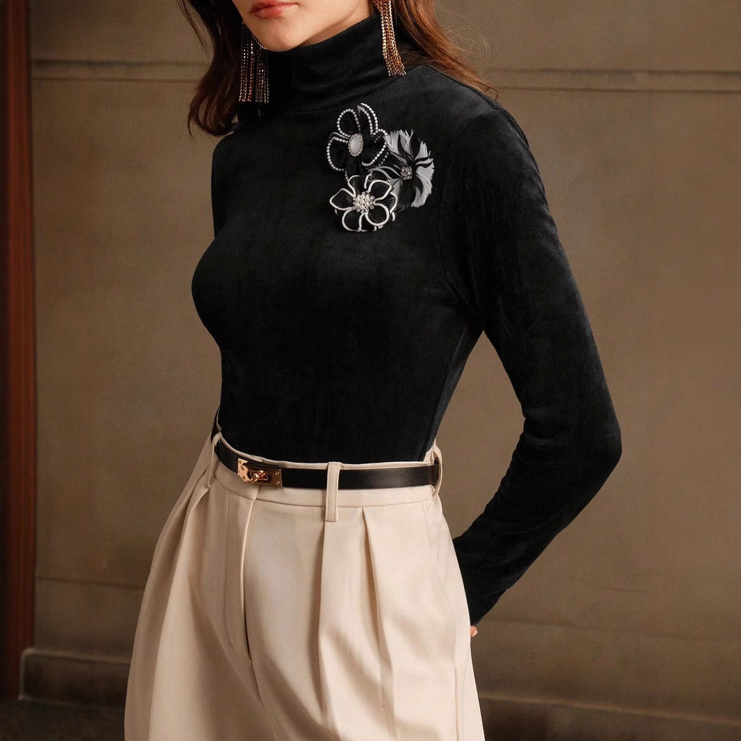 Women Clothing Simple Mid Collar Velvet Long Shirt