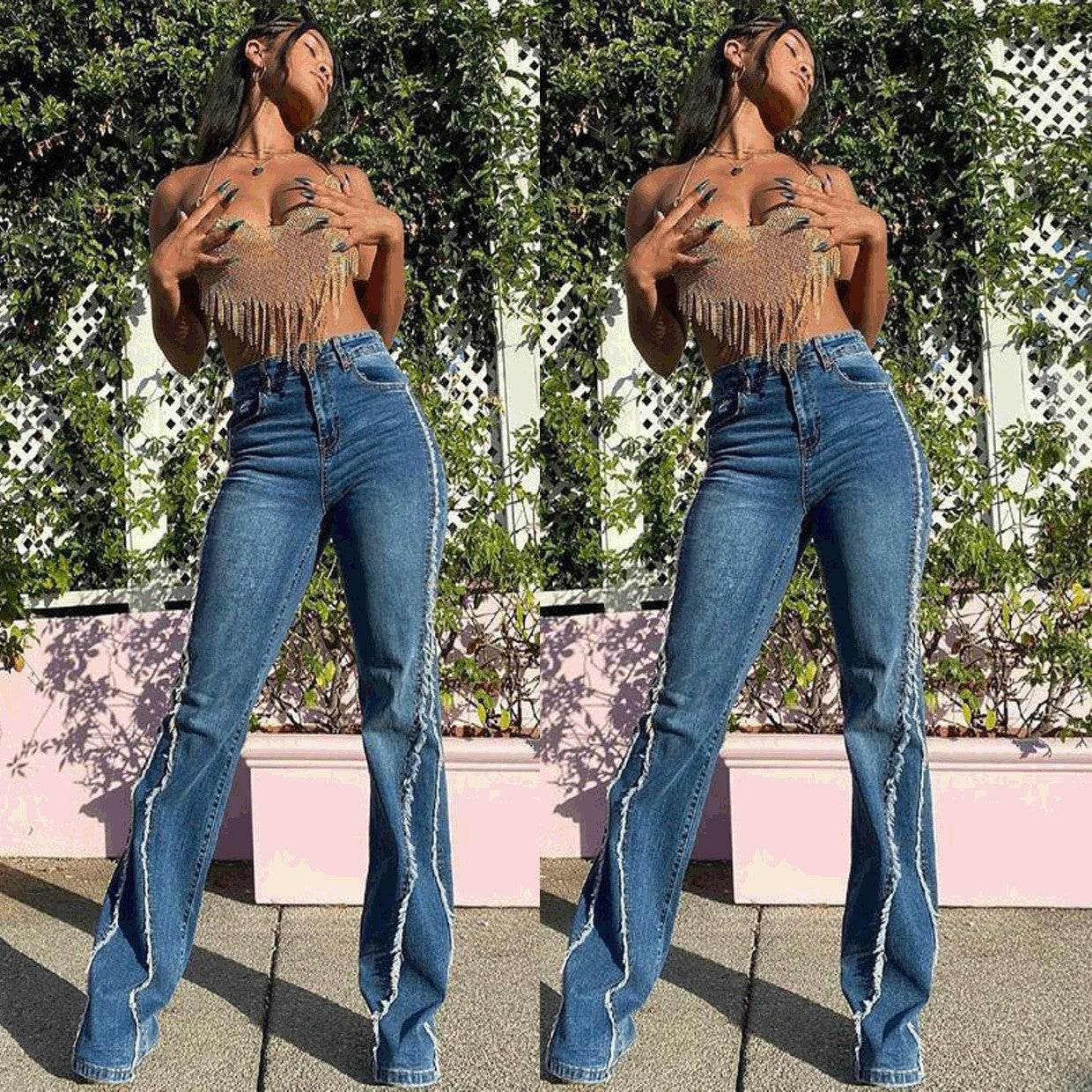 Spring Summer Washed Frayed Street Trendy High Waist Straight Jeans