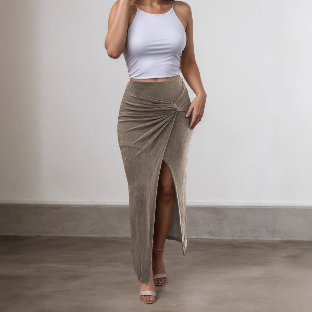 Women Long Solid Skirt Slim Fit Twisted Sexy Sheath Split Skirt