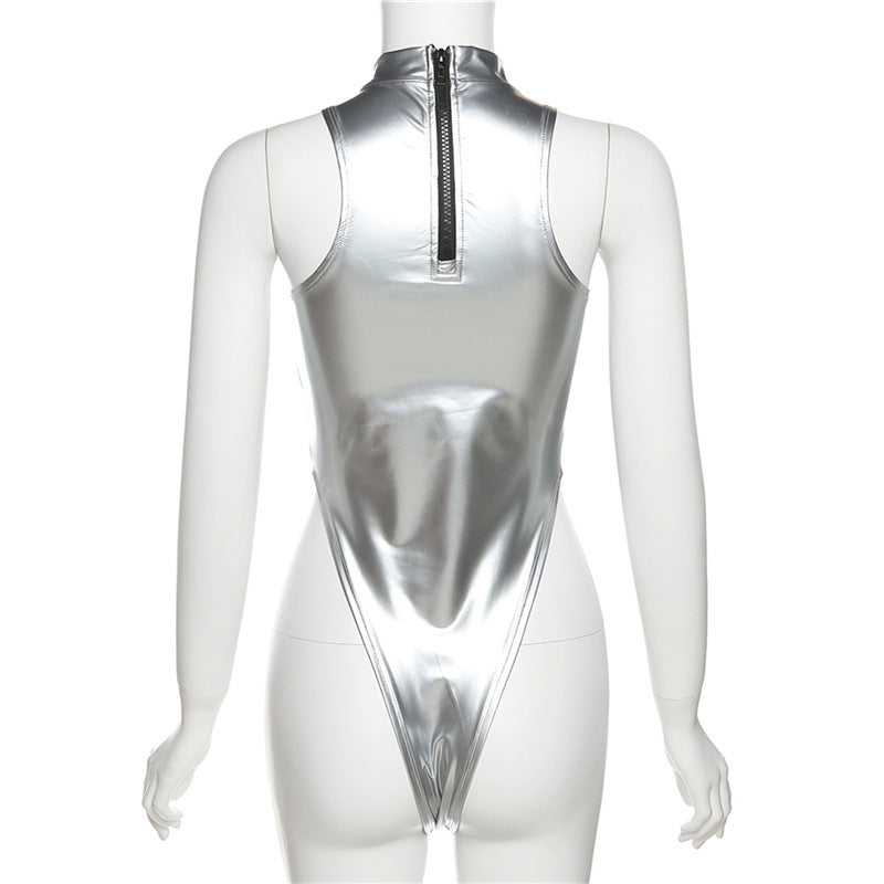 Metallic Coated Fabric Spring Summer Women Slim Fit High Waist Round Neck Sleeveless Reflective Jumpsuit