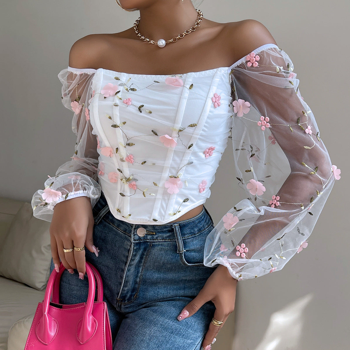 Women Clothing Sexy Mesh See through Embroidered Floral Double Layer Boning Corset Long Sleeve Bra