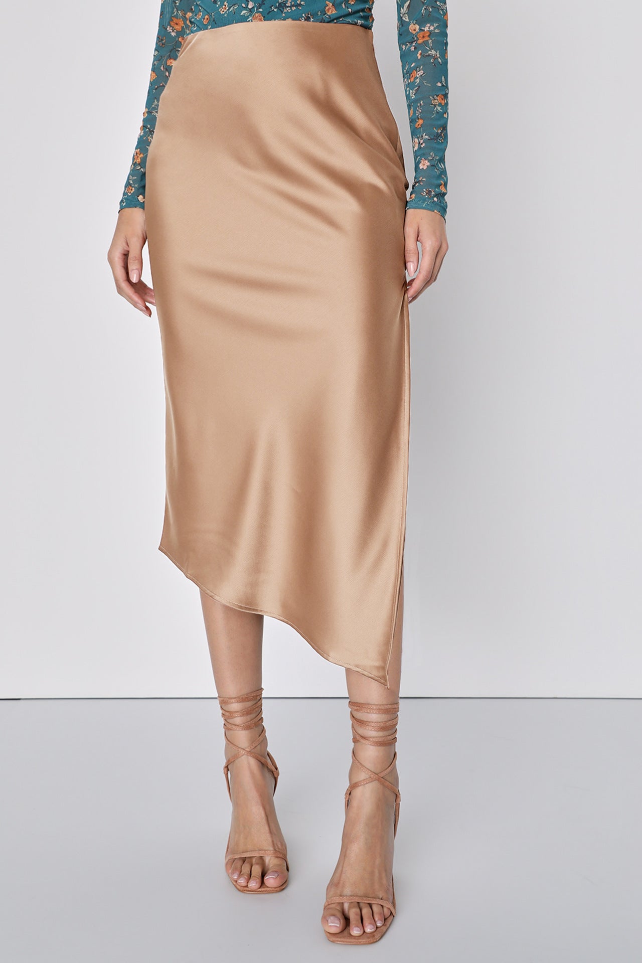 Women Clothing Satin Skirt Asymmetric High Waist Elastic Long Skirt Elegant Slit Skirt