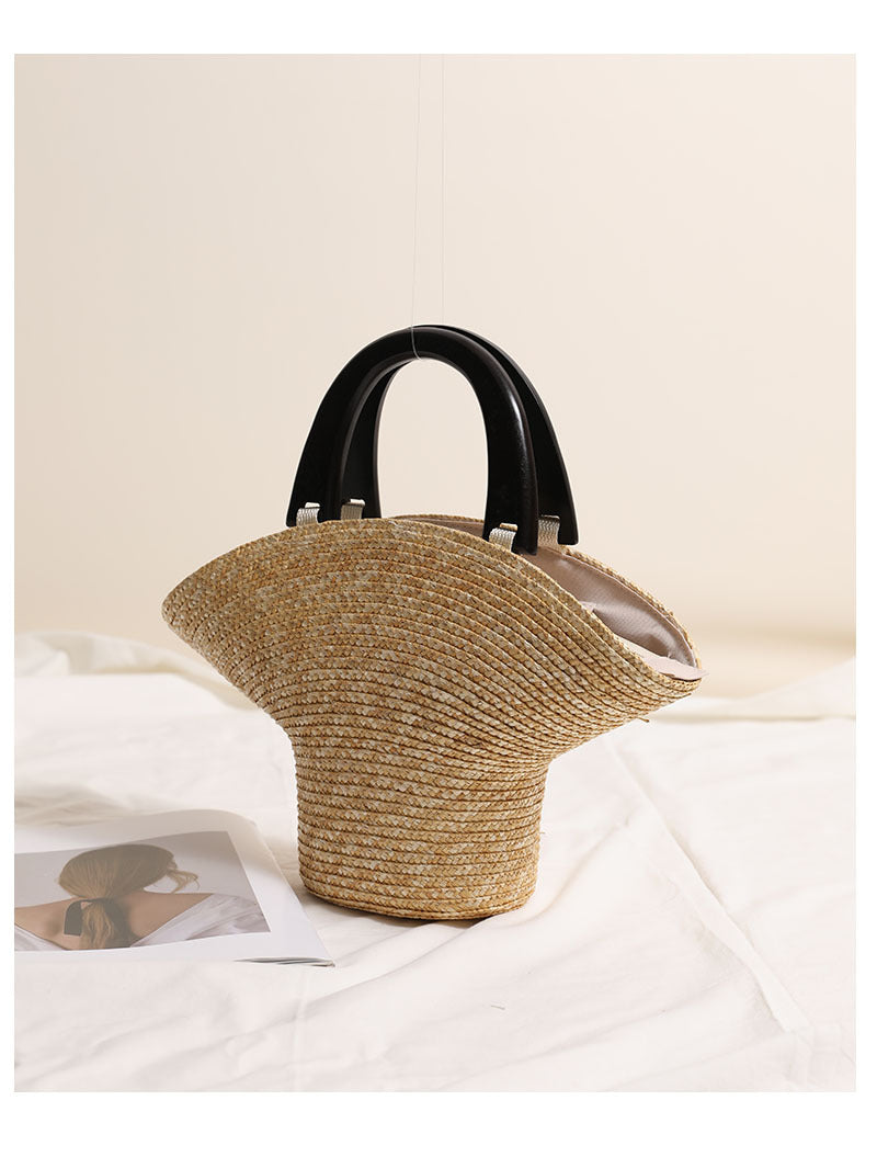 Wooden Portable Hat Straw Bag Fresh Straw Woven Bag Vacation Beach Bag Women Bag