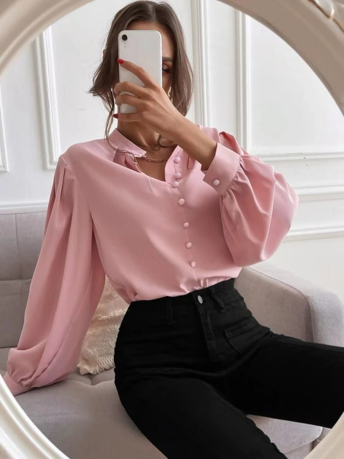 Women Shirt Autumn Elegant Solid Color Collared Long Sleeve Single Row Button Loose Women Top