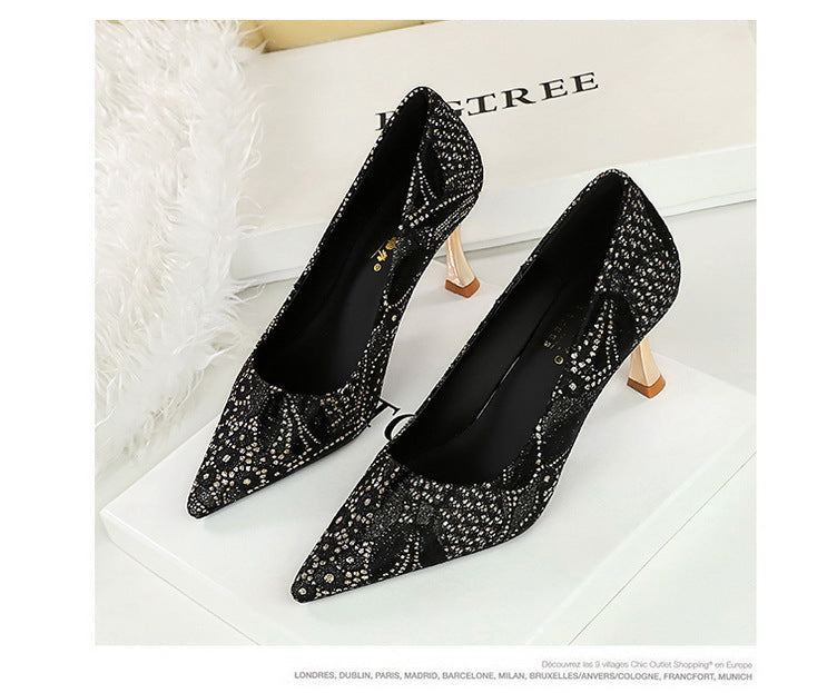 Lace Mid Heel Shoes Pointed Irregular Asymmetric Lines Stiletto Heel Women Professional Shoes