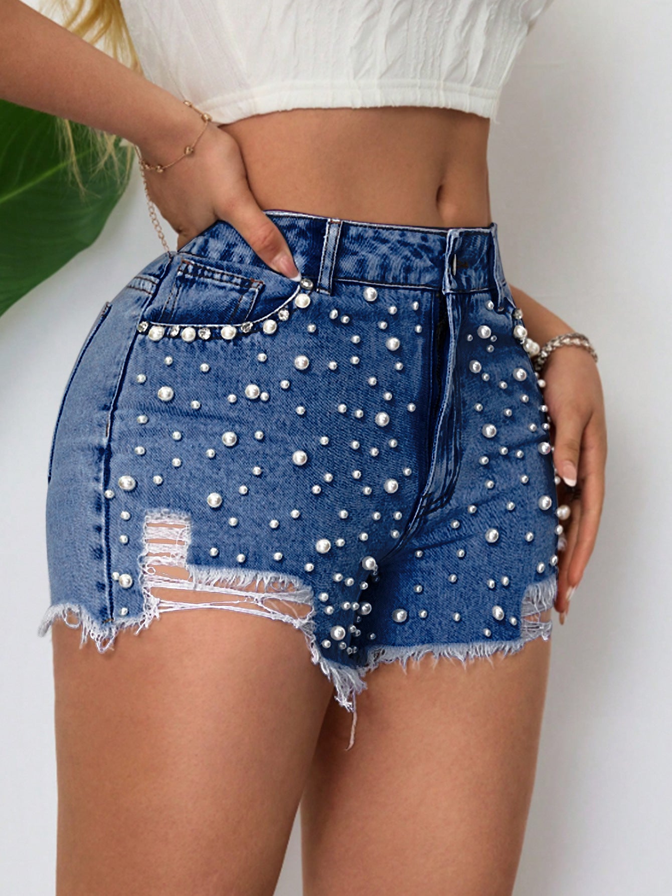 Belted Ring Women Pearl Elegant Denim Shorts