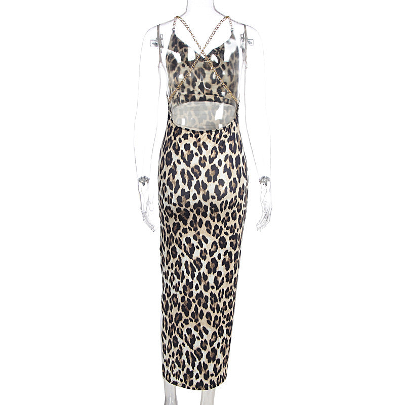Summer Suspenders Printed Sleeveless Backless Chain Slim Fit Dress Women Clothing