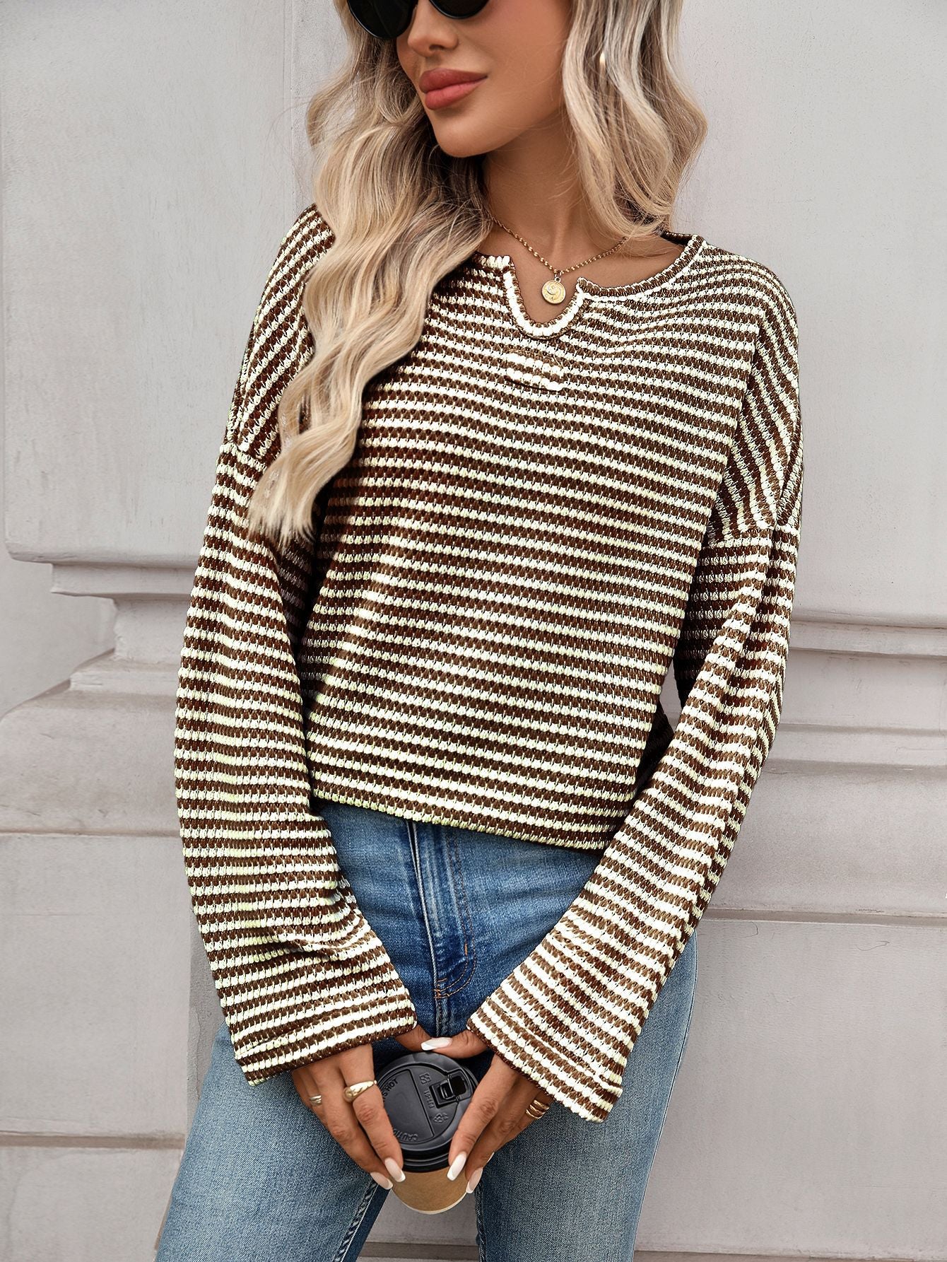 Women Clothing Season Autumn Striped Waffle Knitted Top T shirt Women