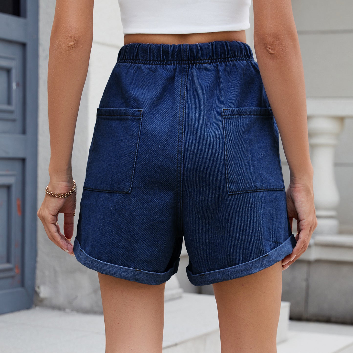 Summer Washed Curling Elastic Waistband Lace up Denim Shorts Women