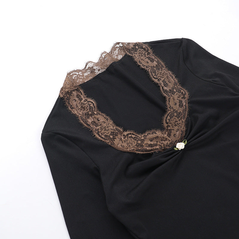 Autumn Classic Elegant Slim Fit Lace V neck Floral Long Sleeved Top for Women