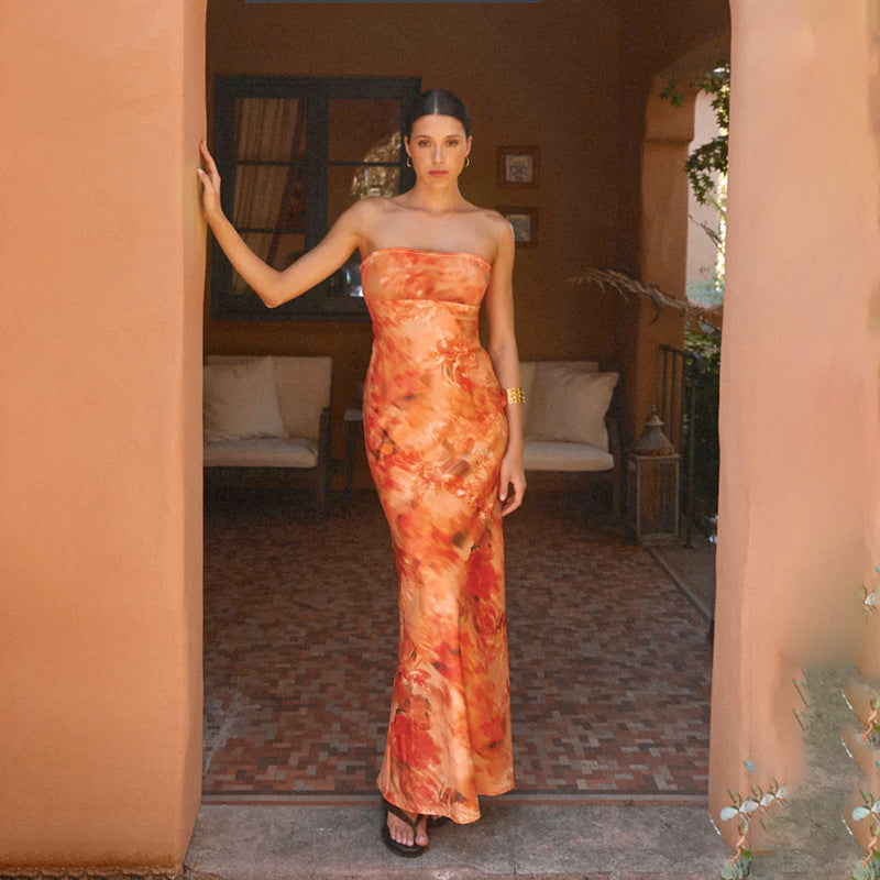 Strapless Dress Slim Fit Waist Controlled Slimming Printed Dress Vacation Dress