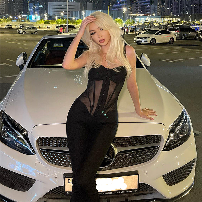 Spring Women Clothes Suspenders Sexy Low Cut See Through Slim Slimming Jumpsuit