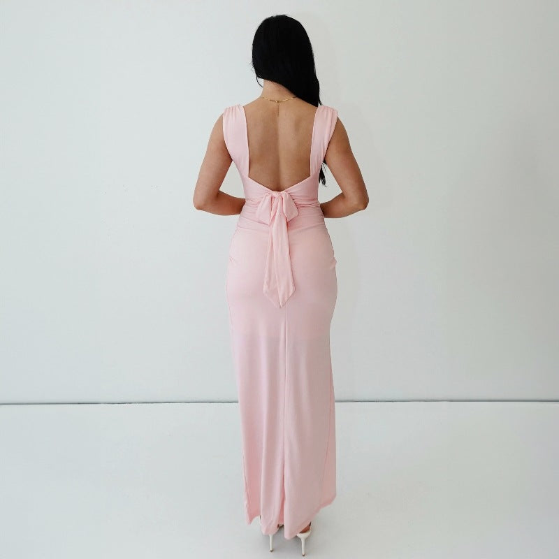 Women Clothing Spring Summer Elegance Sleeveless Backless Slingback Slim Fit Slit Dress