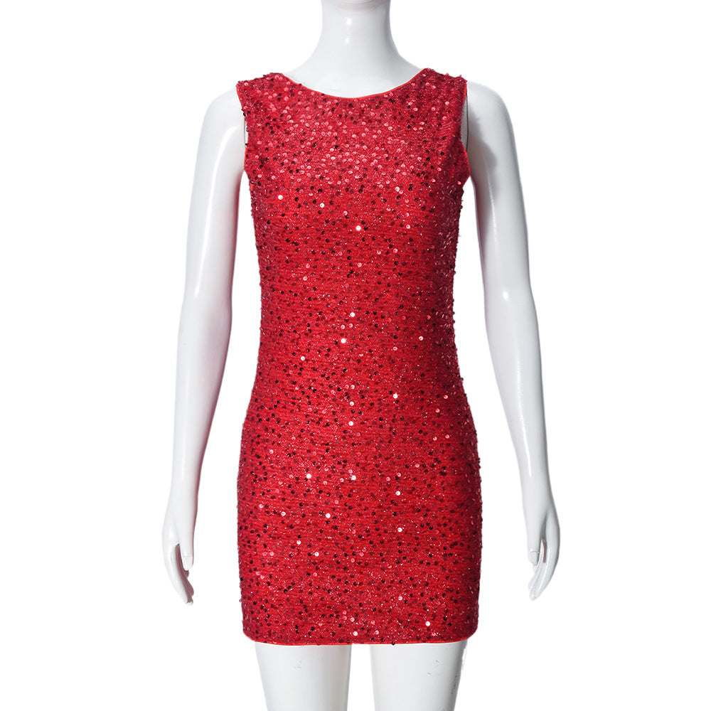 Women Clothing Spring Sequined Sleeveless Backless Sexy Dress