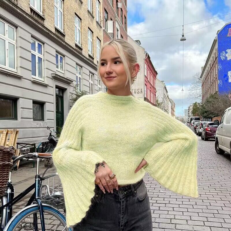 Round Neck Flared Sleeves Lazy Short Large Sweater Autumn All Matching Office Top Women Clothing