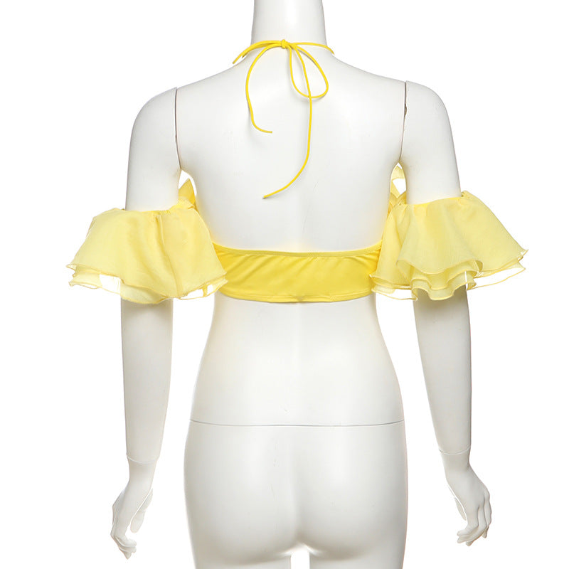Summer Women Clothing Sexy Halter Cropped Wrapped Chest Split Lace Sleeve Solid Color Top