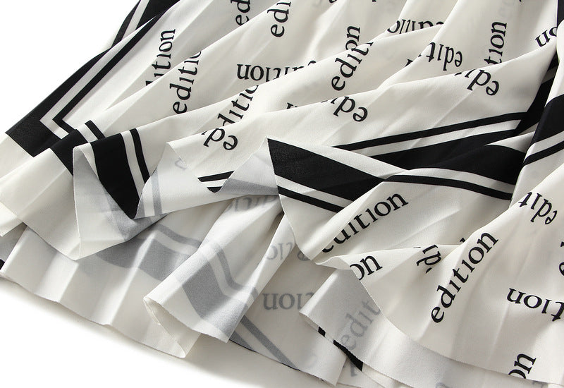 Pleated Letter Graphic Printed Skirt for Women Autumn Elastic Waist Mid Length Big Hem Umbrella Skirt