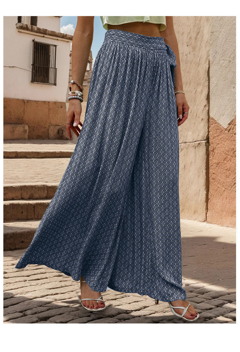 Summer Loose Wide Leg Pants Women Clothing Tied High Waist Casual Printed Trousers