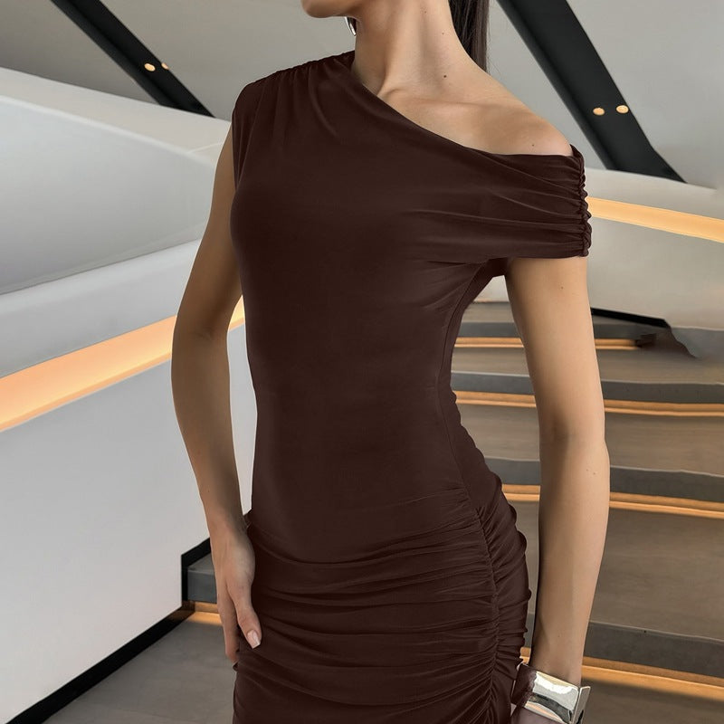 Women Clothing Summer Pleated Waist Tight Slimming Shoulder Hollow Out Cutout Sexy Solid Color Dress