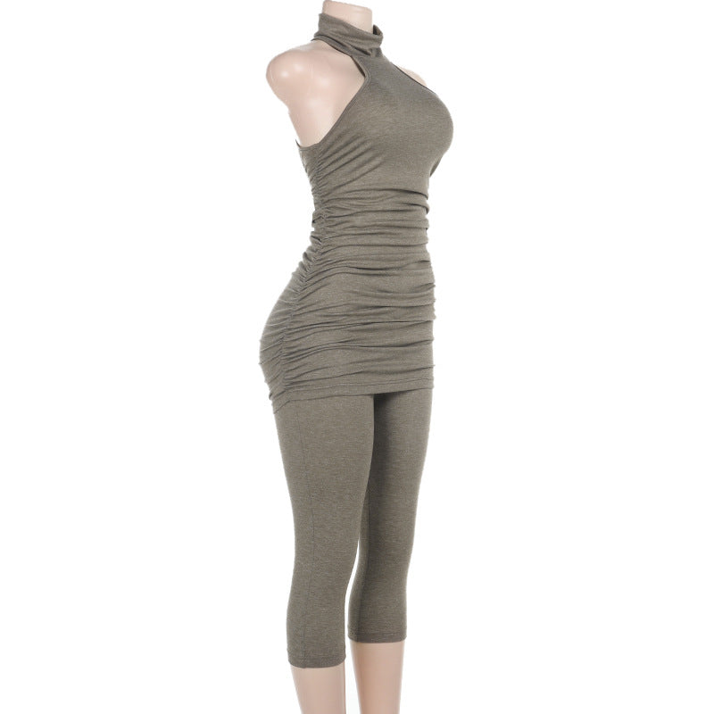 Women Sexy Turtleneck Sleeveless Vest Top High Waist Tight Cropped Pants Set