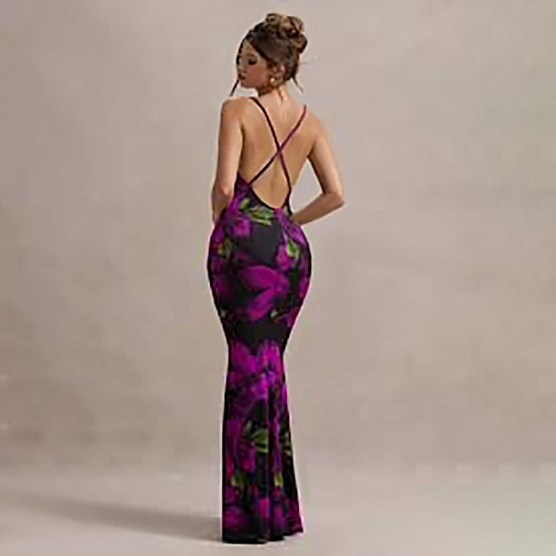 Women Dress Floral Print Cross Shoulder Strap Backless Slim Fit Inner Dress